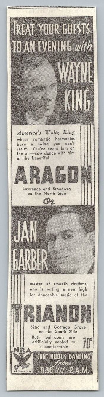 1930s Chicago Big Band Dance Print Ad Wayne King Aragon Jan Garber Trianon NRA